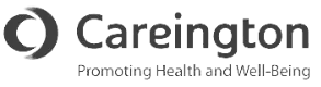 a black and white logo for careington promoting health and well-being