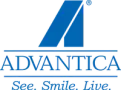 a blue advantica logo on a black background