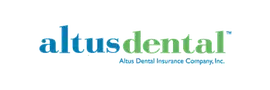 a blue and green altusdental logo on a black background