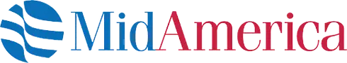 a blue and red mid america logo on a black background