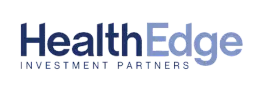 a blue and white logo for health edge investment partners