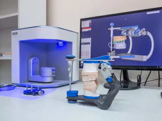 a dental scanner is sitting on a table next to a computer monitor .