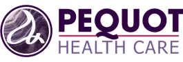 Pequot Health Care logo with a purple and white abstract emblem and purple text.